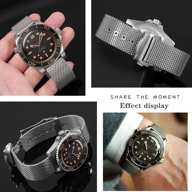 20mm Stainless Steel Watch Band for Omega Seamaster 300 No Time to Die 007 Men\'s Waterproof Sweet-Proof Milan Mesh Watch Strap