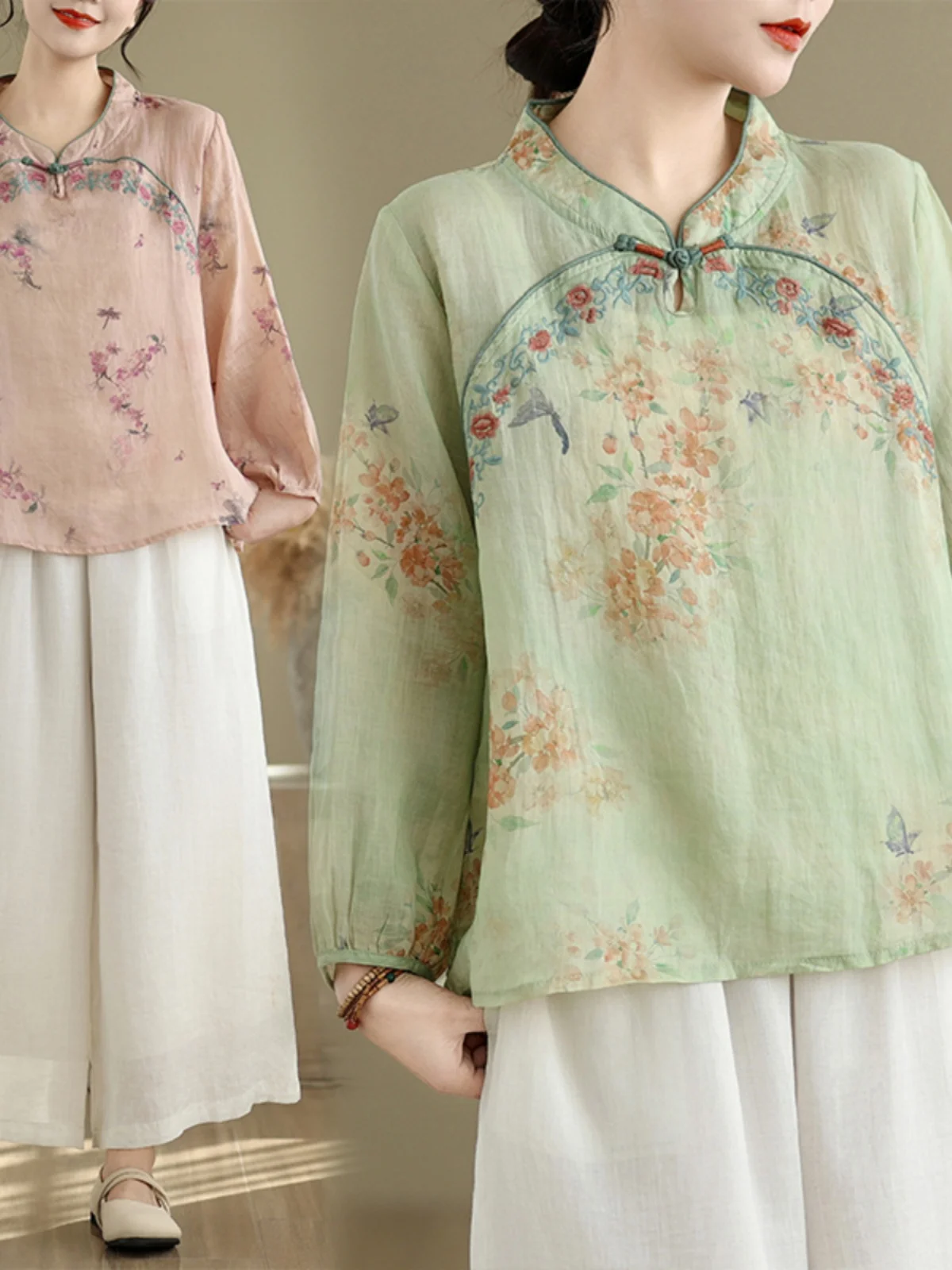 

Loose Long Sleeve Small Shirt Korean Japanese Style Digital Printing Embroidery Silk Top Vintage Single Button