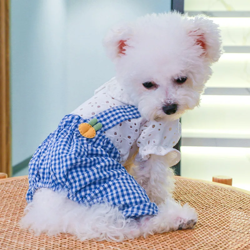 Dog Jumpsuit Cute Suspenders Plaid Overalls Hollow Out Pet Clothes Dog Overalls Bichon Schnauzer Dog Jumpsuit Puppy Cat Rompers