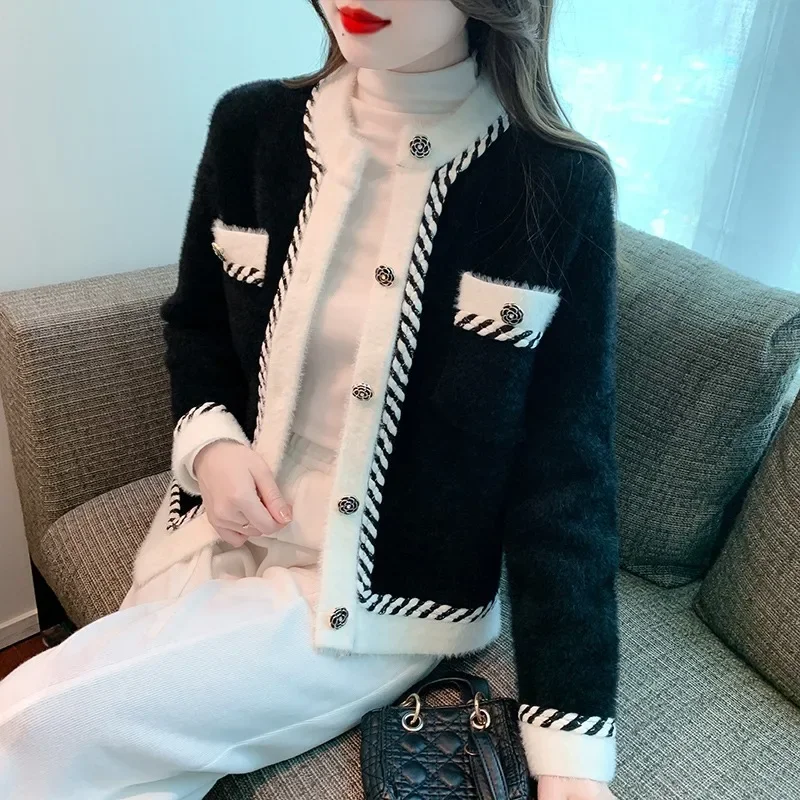 

2023 Women Full Sleeve Short Coats Single Breasted Pockets Print Striped Splice Casual Regular Knitted Cardigan Autumn Winter