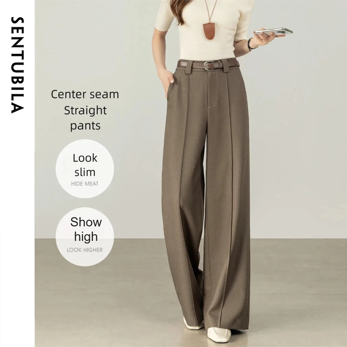 

SENTUBILA женские прямые брюки, осень 2021, удобные повседневные брюки с высокой талией и 3D деталями средней вышивки 153K87890