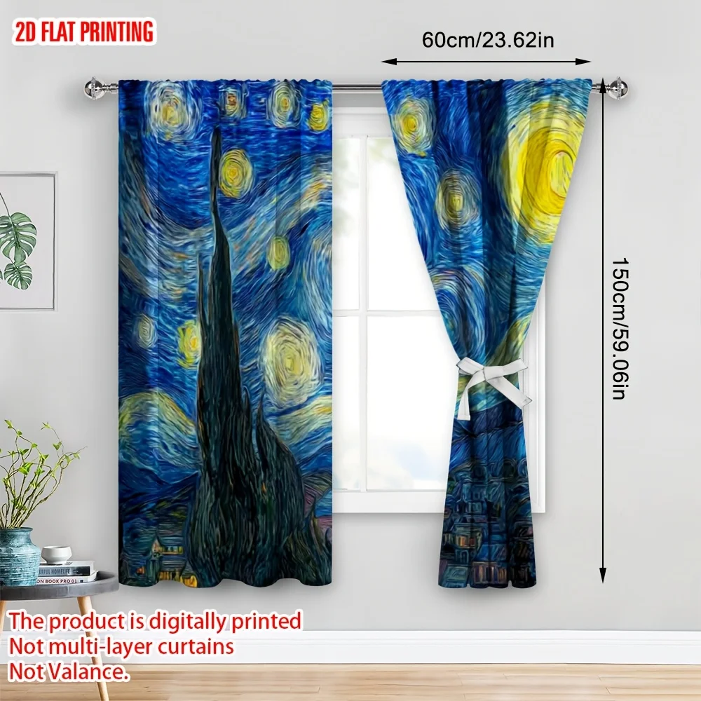 2pcs 2D Flat Printing Window Curtains Van Gogh Machine Washable Fabric Without Electricity Spring Use for Decorations