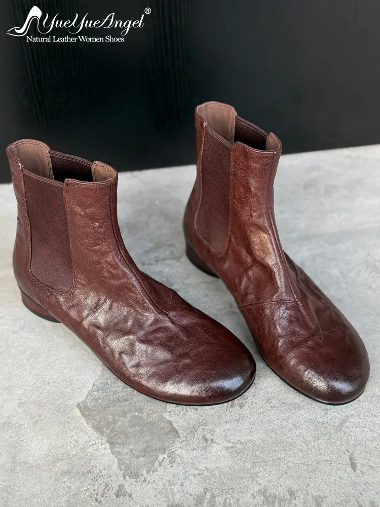 French Style Female Genuine Leather Round Toe Chunky Heel Ankle Boots Versatile Solid Color Sheepskin Rlastic Band Footwear