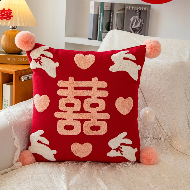 

Wedding Holiday Pillow Spring Festival Holiday Sofa Red Cushion Chinese Cartoon Jade Rabbit Joyful Holiday New Year Sofa Pillow