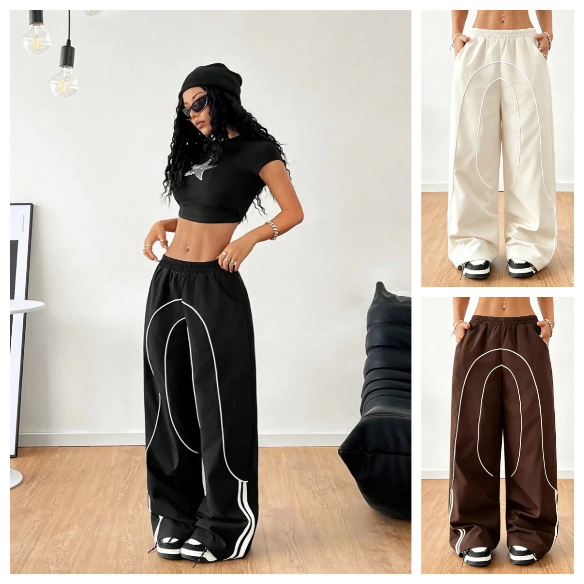 Y2K Casual Striped Contrasting Elastic Waist Workwear Parachute Pants Women's Mid-Rise Wide Leg Loose Fit Cargo Pants Vibe