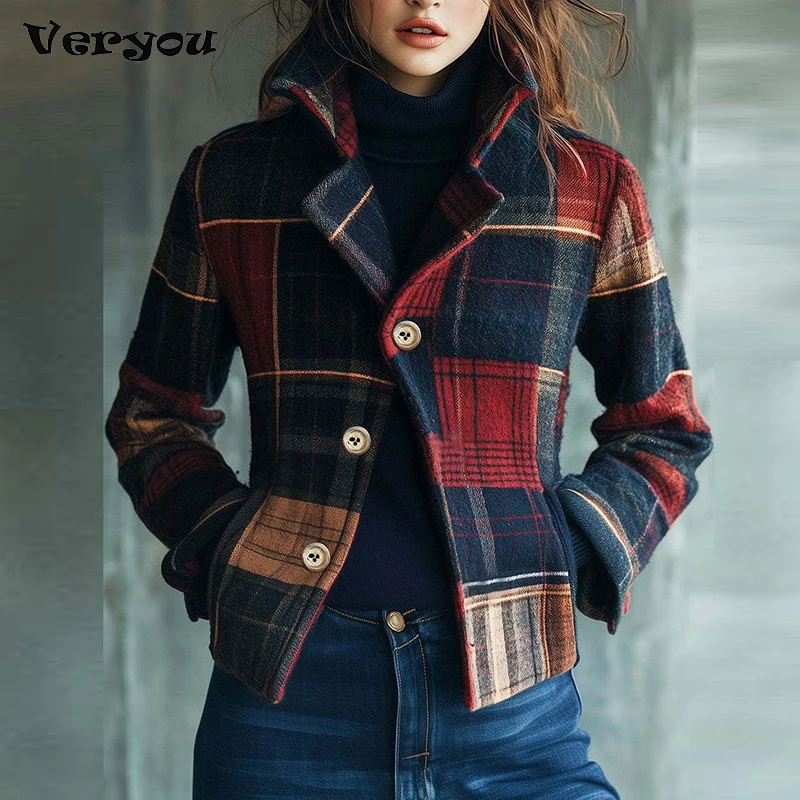 

Fashion Women Blazers Plaid Printed Jackets For Women Autumn Winter Long Sleeve Outwear Female Coats