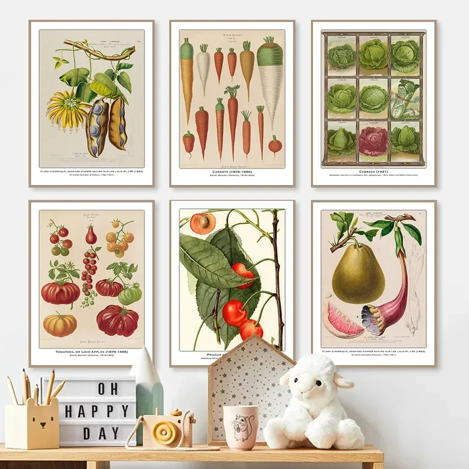 Frameless Canvas Painting Canvas Painting Vintage Vegetables Fruits Botanical Study Illustration Poster Cabbage Radish Wall Pict