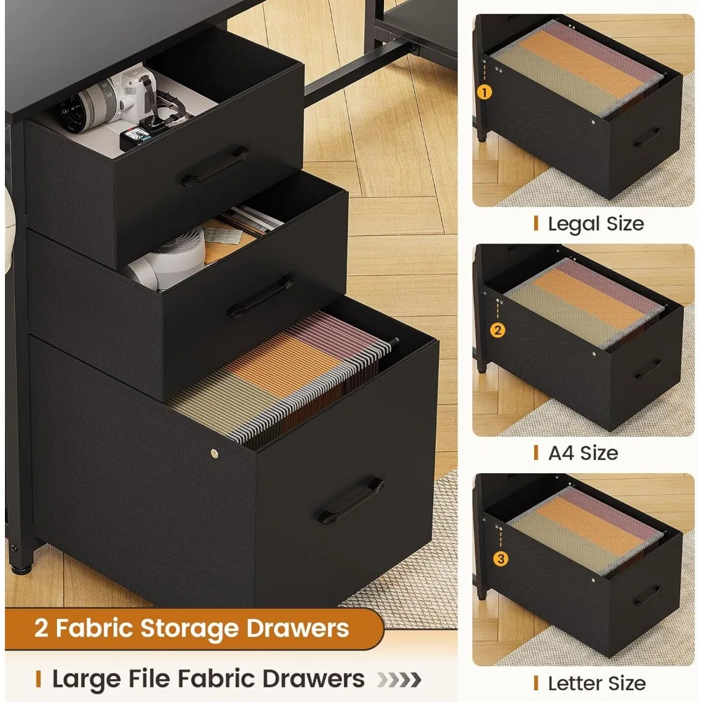 Bureau d'ordinateur en forme de L, avec étagères de rangement et lumière LED, bureau de bureau avec égouts de proximité et étagère pour le bureau à domicile