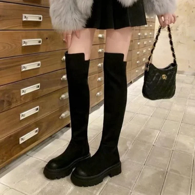 Women Flats Shoes Platform Pleated Chelsea Over The Knee Boots 2024 Winter Trend New Gladiator Suede Boots Goth High Sock Botas