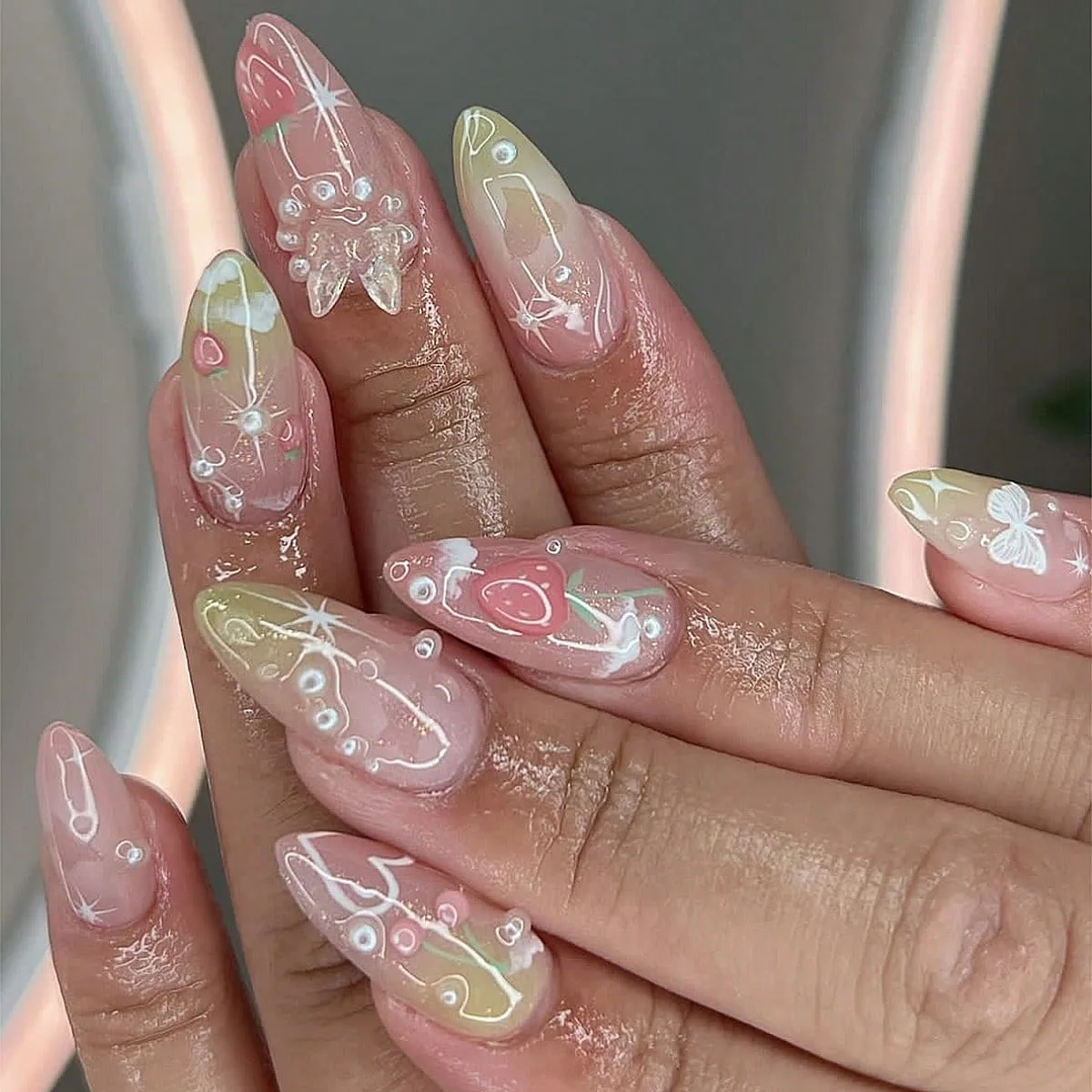 

24Pcs Spring 3D Butterfly Fake Nails Pink Green Gradient Almond Press on Nails Strawberry Cherry Wearable Full Cover False Nails