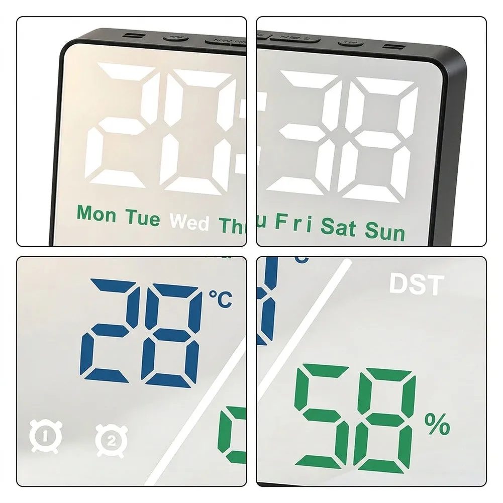For Indoor Climate Monitoring Mirror Display Clock for Dual Alarm Snooze Clock Large Bold Digit Display Reflective Mirror Finish