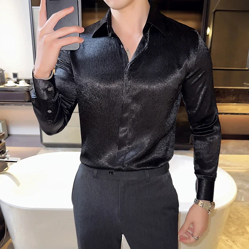 

Luxury Glossy Shirt for Men High-quality Long Sleeve Business Formal Dress Shirts Fashion Casual Social Party Banquet Blouse