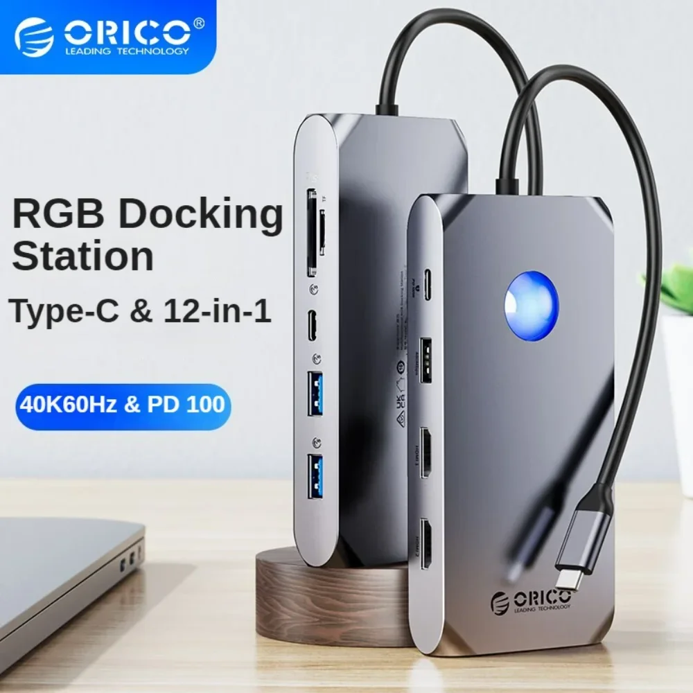 

ORICO RGB USB C Docking Station with 4K60Hz Dual HDMI-compatible VGA DP Ethernet 100W PD Hub SD/TF 3.5mm for Laptop Macbook Pro