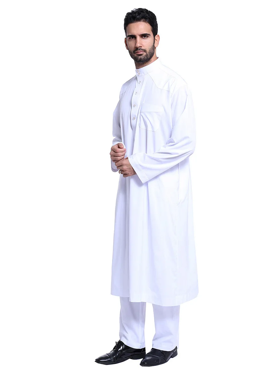 Homens muçulmanos jubba thobe manga longa cor sólida respirável robes gola árabe islâmico kaftan masculino abaya