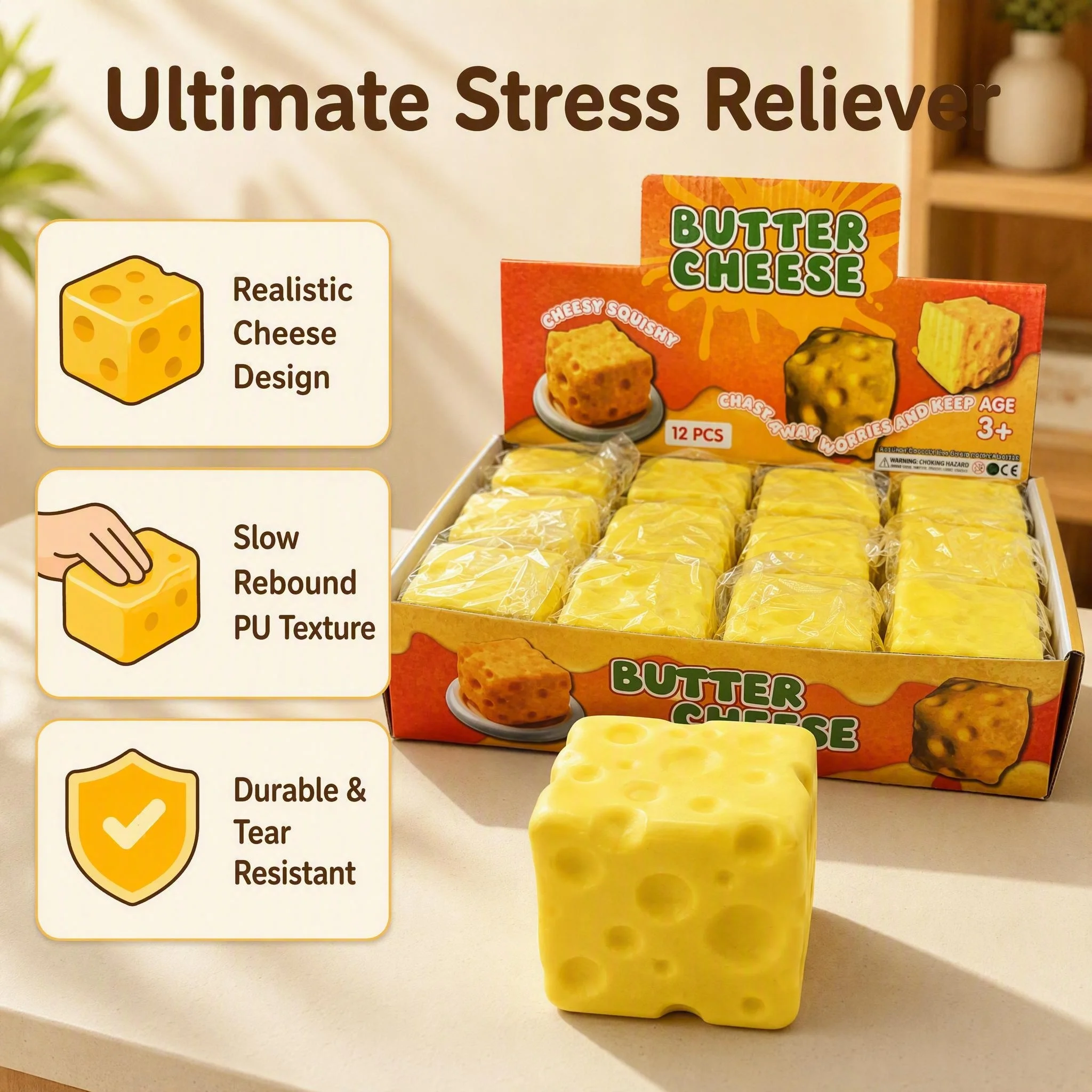 Cheese Shaped Squishy Slow Rising Fidget Toy Soft PU Stress Relief Squeeze Toy Desktop Decor for Adults Kids