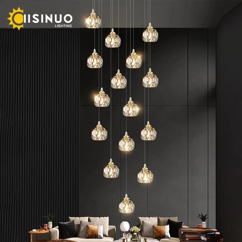

Luxury Crystal Staircase Chandelier Tiered Long Pendant Lamp for Hallway Duplex Loft Living Room Adjustable Layer Hanging Fixtur
