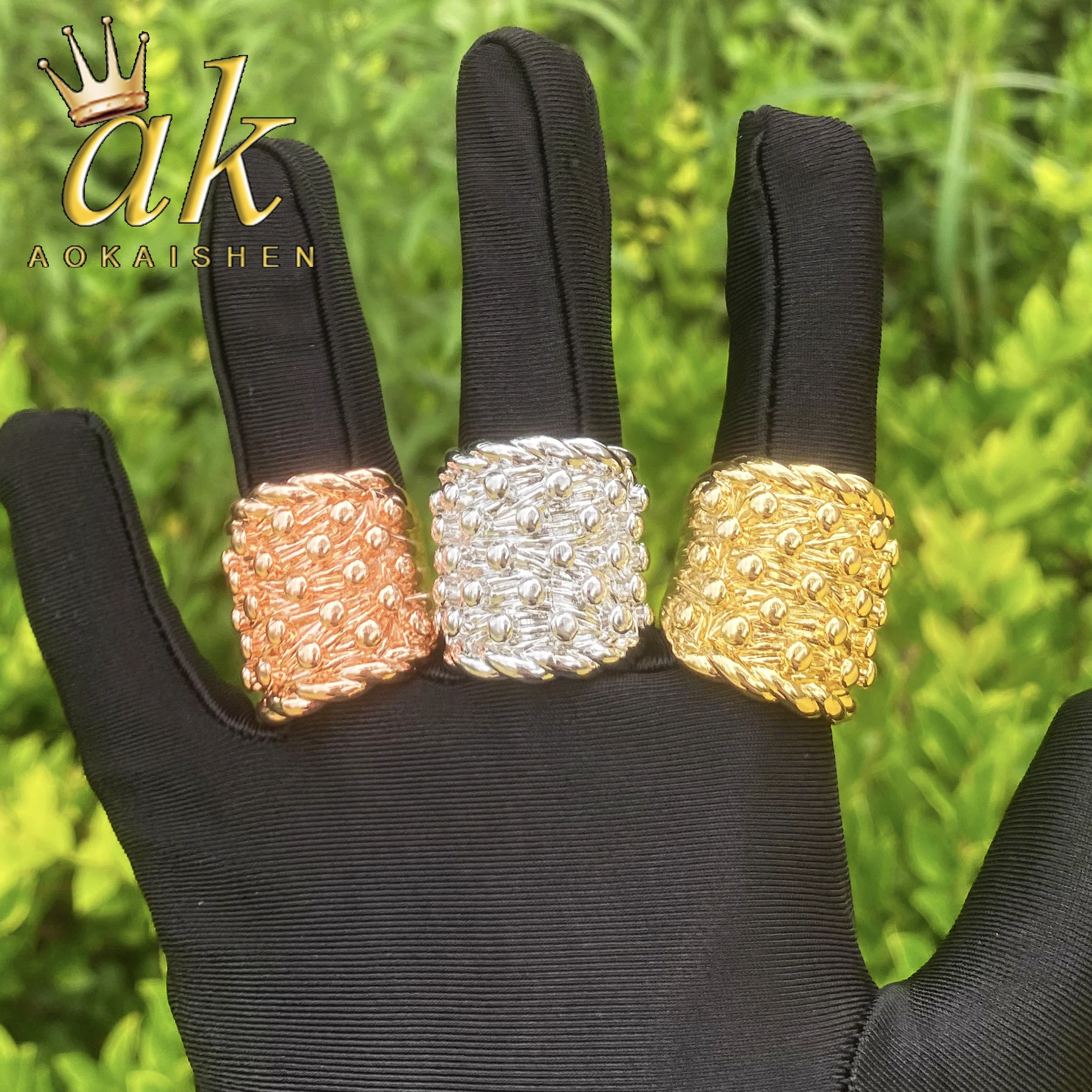 Aokaishen Iced Out Nugget Ring for Men Real Gold Plated Cubic Zirconia Hip Hop Jewelry