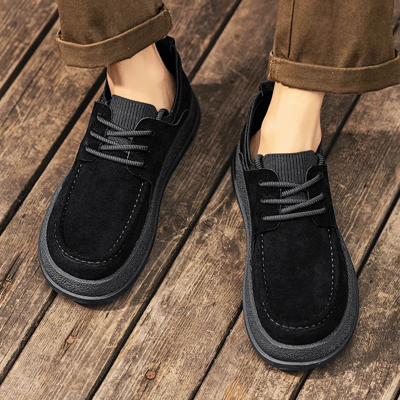 Autumn Soft Leather Men's Boots Wide Toe Spring New Men's Cowhide Fashion Versatile Single Short Boots Zapatillas De Deporte