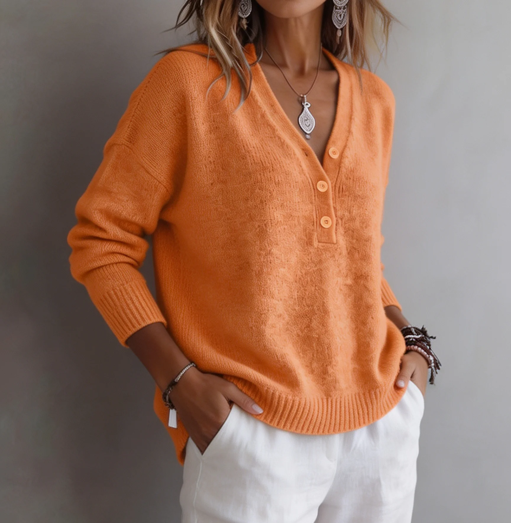 Picture 5: Women's drop shoulder design half-open placket ribbed trim knitted top, casual Bohemian style, autumn and winter style