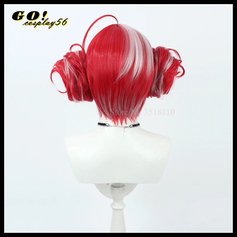 VTuber Kureiji Ollie Wig Curly Buns Large Black Bow Hololive ID Girls Zombie Cosplay Hair Red Pink Synthetic Headwear