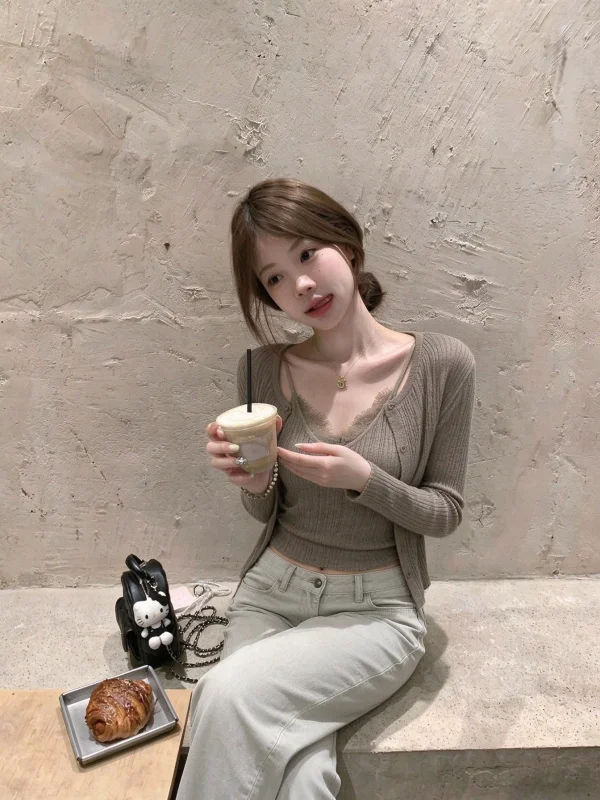 Korean Style Pure Desire Coffee Knitted Open Cardigan Women's Slim Fit Lace Strap Top Bottom Two-Piece Set Casual Style