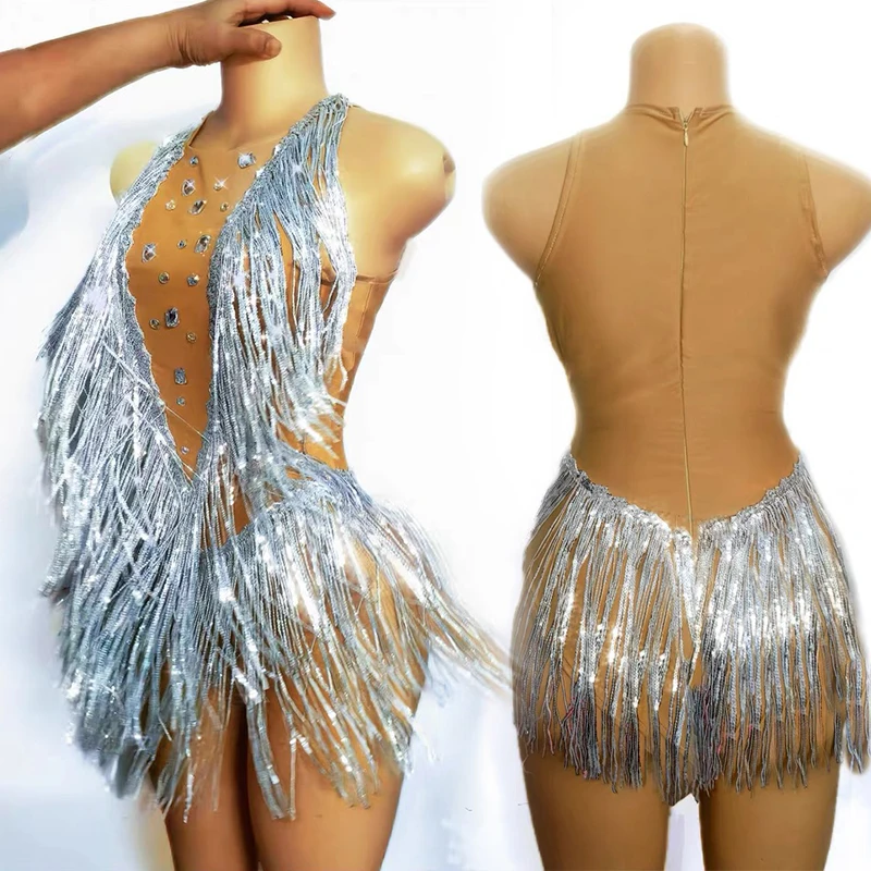 

Одежда для танцоров Gogo, сексуальное боди с серебряной бахромой, женское боди для танцовщицы, певицы, сценическая одежда для ночного клуба, вечеринки, клубной одежды 5025