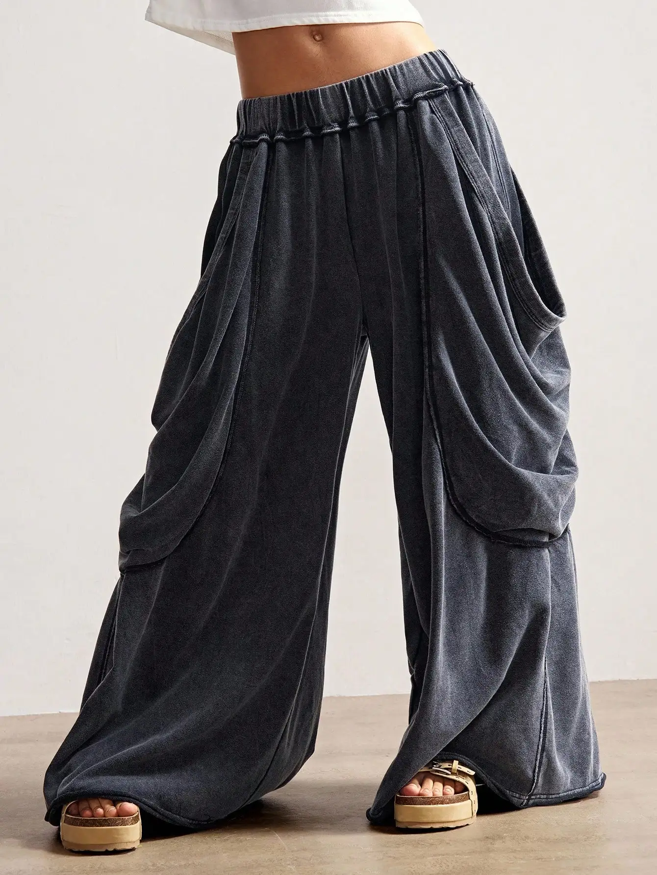 

Женские повседневные однотонные вязаные свободные брюки-палаццо с эффектом потертости