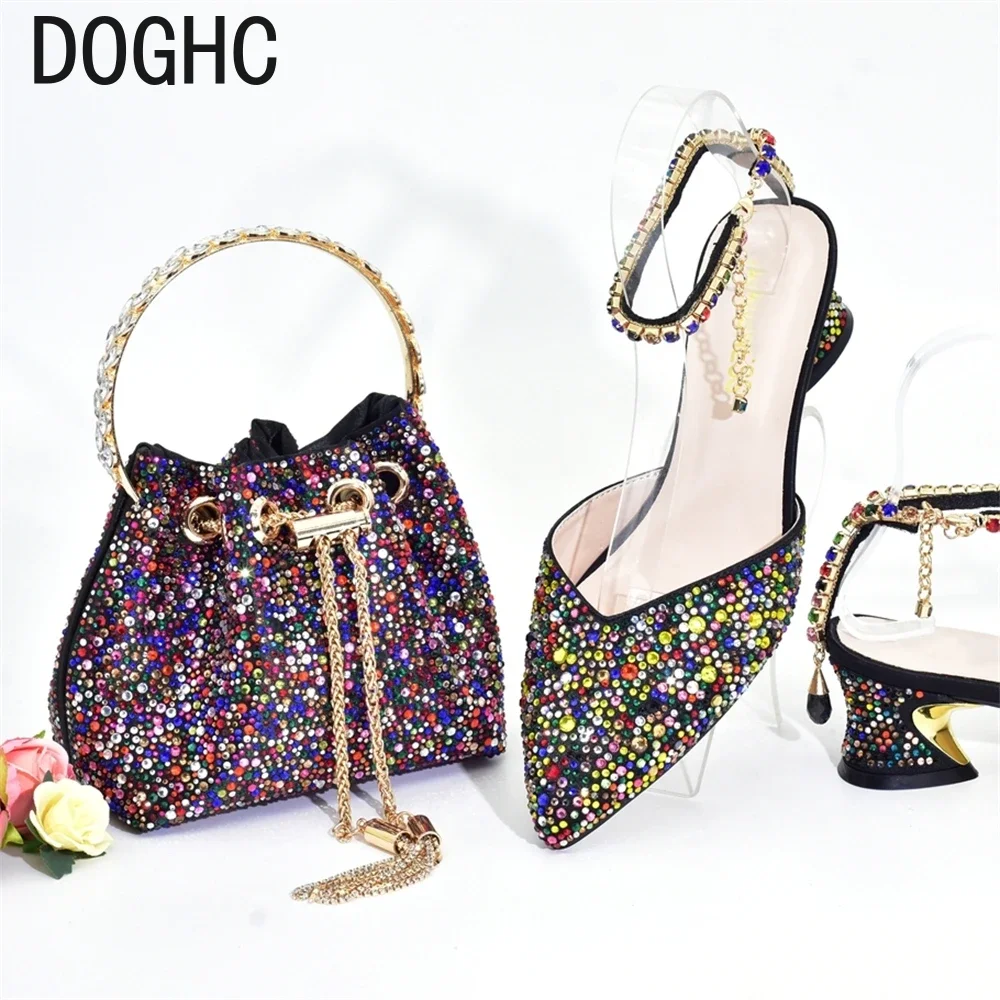 Latest Party Shoes and Bags To Match for Nigerian African Bag Shoe Set Decrated with Rhinestone Wedding Shoes Bride