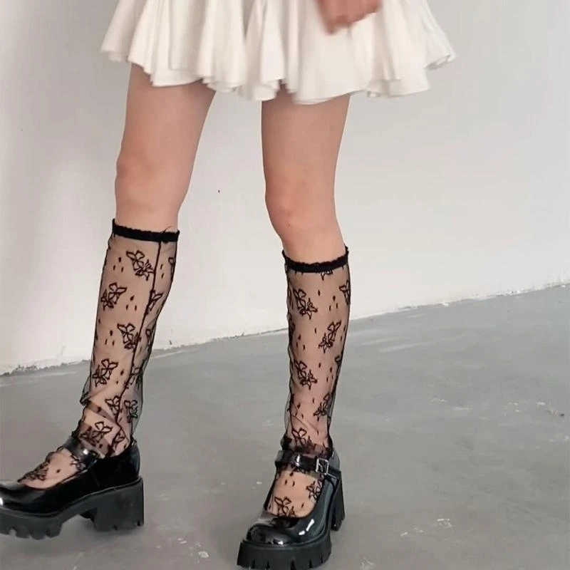 النساء لوليتا الصيف شبكة تول جوارب طويلة إلى الركب اليابانية Harajuku الحلو ل فراشة نمط كشكش تقليم الأميرة Stocki 15UB #3