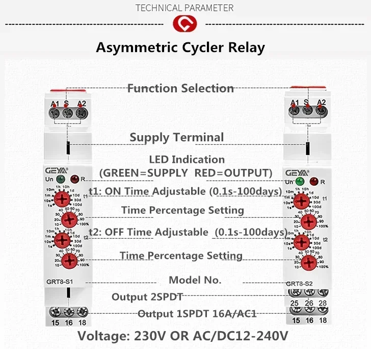 GEYA GRT8-S 비대칭 사이클 타이머 릴레이 SPDT 220V 16A AC/DC12V-240V 전자 반복 릴레이