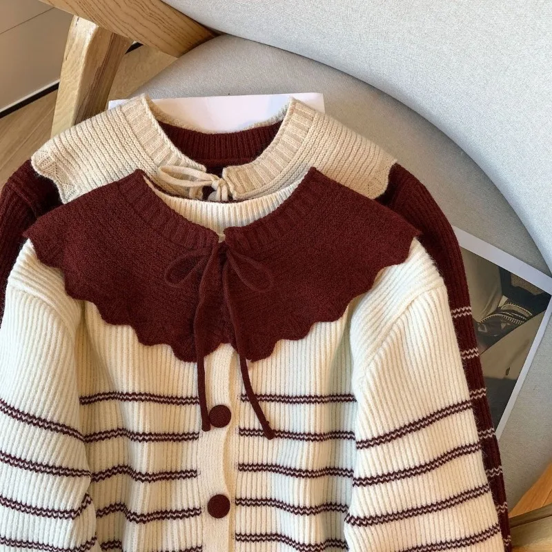 التباين اللون دمية طوق شال مخطط سترة مشغولة من الصوف المرأة الخريف الشتاء جديد التنقل فضفاض تنوعا سترة سترة #6