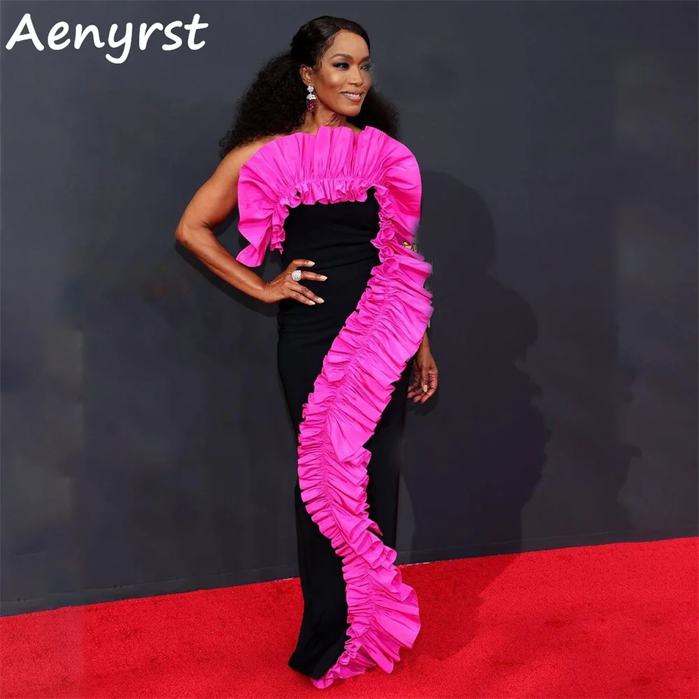 

Aenyrst Contrast Color Ruffles Strapless Evening Dresses Mermaid Satin Prom Dress For Women Floor Length Dinner Occasion Gowns