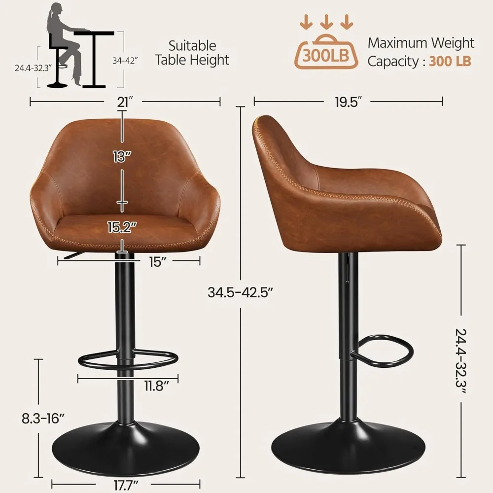 เก้าอี้บาร์ ชุด 2 ตัว, เก้าอี้บาร์ทรงสูงแบบหมุนได้หุ้มหนัง PU, เก้าอี้บาร์ปรับระดับได้พร้อมพนักพิงและที่วางเท้า