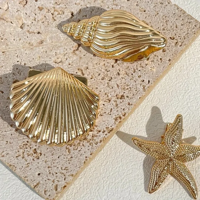 3Pcs Golden Starfish Shell Duckbill Hair Clips Set for Women Fashionable Elastic Hair Accessories European American Style Daily