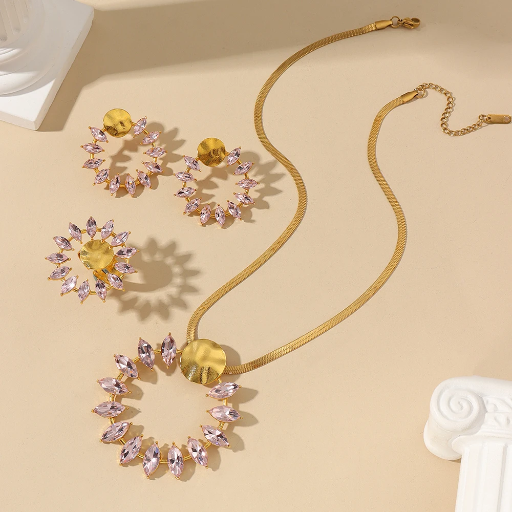 2024 New Stainless Steel 18 K Gold Plated Exaggerated large pendant necklace + earrings + ring jewelry set for Women   Jewelry
