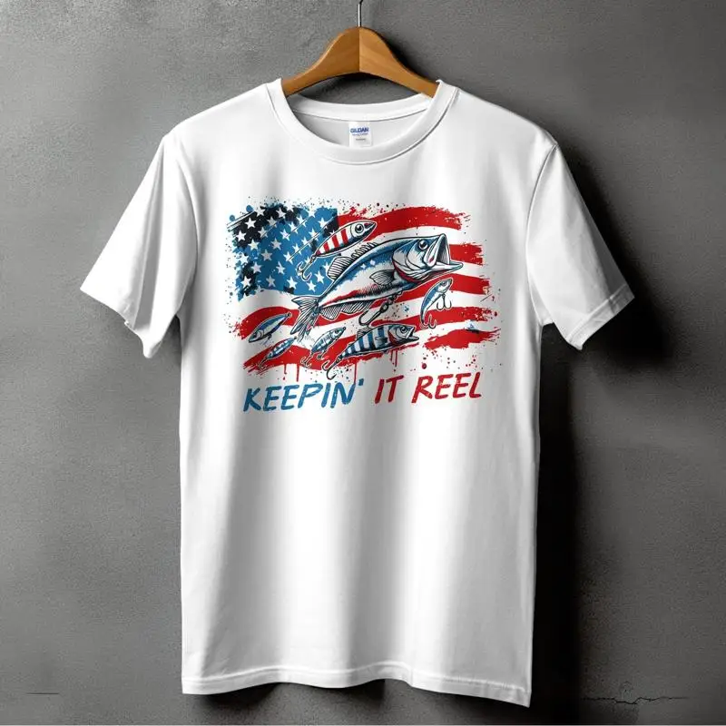 تي شيرت باتريتيك باس فيش تي شيرت بعلم الولايات المتحدة الأمريكية لصيد الأسماك Keepin It Reel 17
