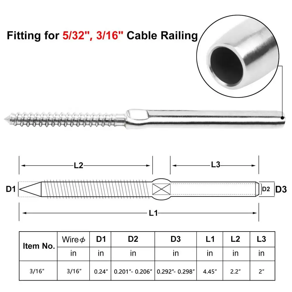 120 แพ็ค T316 สแตนเลส Swage Lag สกรูชุดสายราวซ้ายและขวาเกลียวประแจไม้โพสต์การติดตั้ง