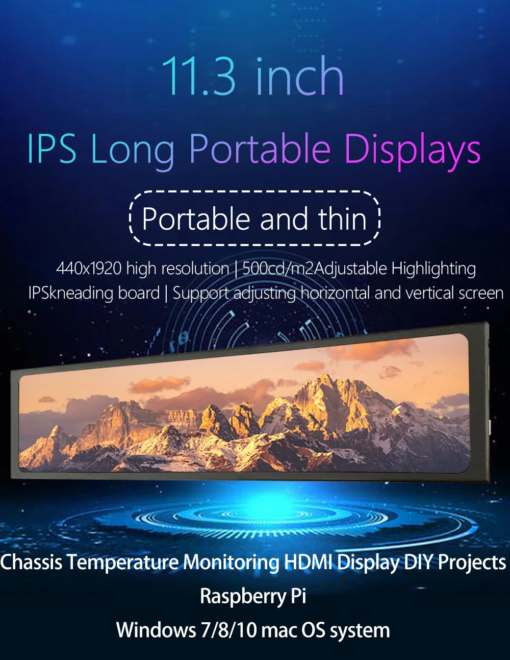 LESOWN 11.3 Inch Compact Banner Display 440×1920 IPS LCD Secondary Portable Monitor AIDA64 Sensor Panel for ARGB Computer Case