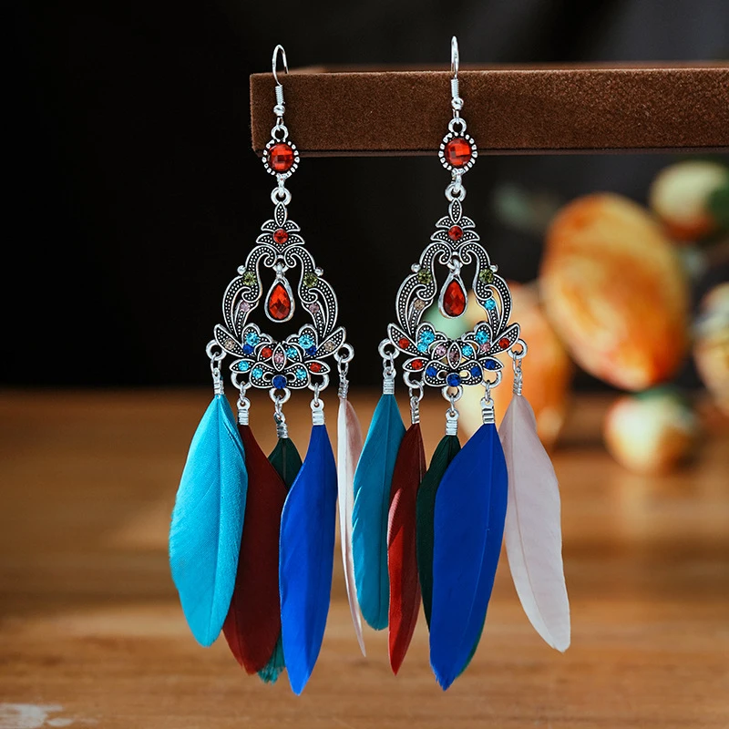 

Vintage Bohemian Long Feather Earrings For Women Retro Ethnic Flower Geometric Rhinestone Handmade Drop Dangle Earrings Jewelry