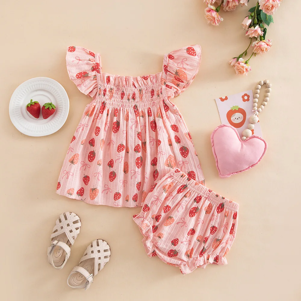 2pcs Summer Infant Girl Casual Outfit Set Fly Sleeve Strawberry Floral Print Tank Tops + PP Shorts Headband Toddler Baby Clothes