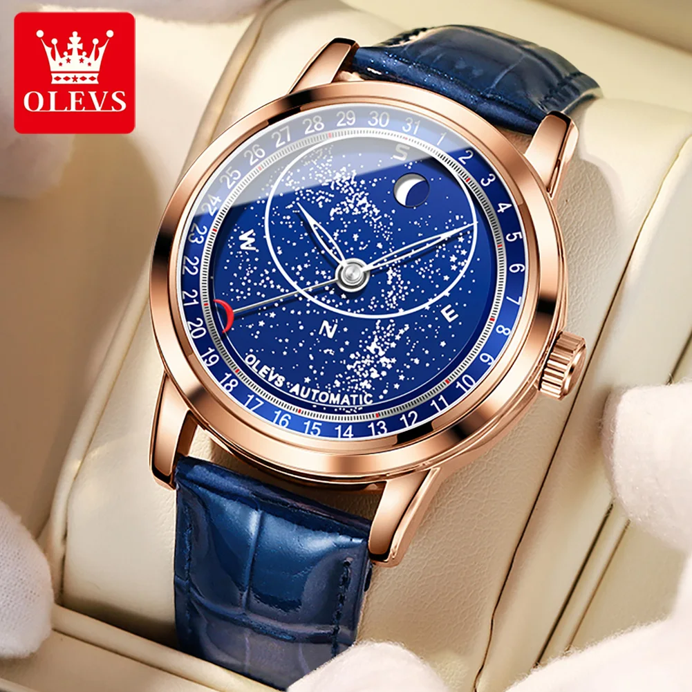 OLEVS Starry Sky Blue Luminous Men\'s Watch Automatic Mechanical Leather Strap Waterproof Wristwatch TOP Brand Men Watch Business