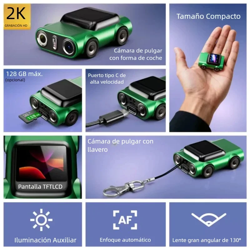 2K HD Video Miniature camera Camera Recorder Car Shaped Keychain Thumb Camera Built in Flash 130° Wide Angle Lens Auto Focus Cam