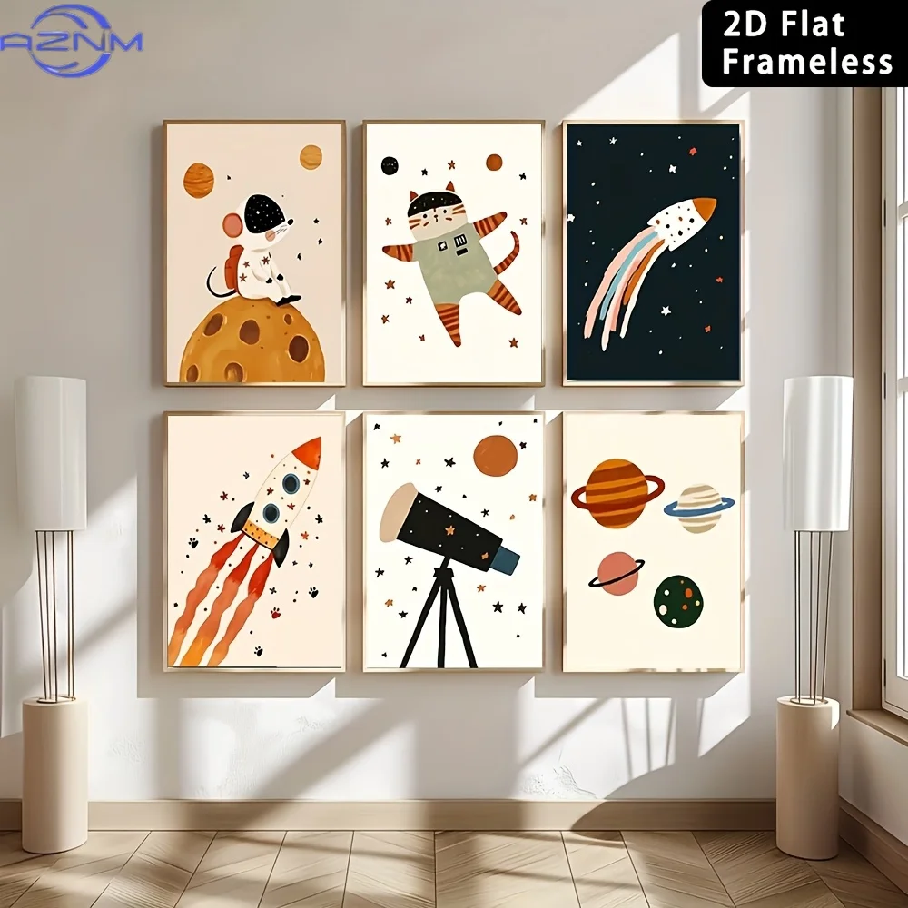 6pcs Frameless Space Adventure Canvas Poster Printing Astronaut Rocket Cute Wall Art Teenage Boy Bedroom Decoration Aesthetic Pa