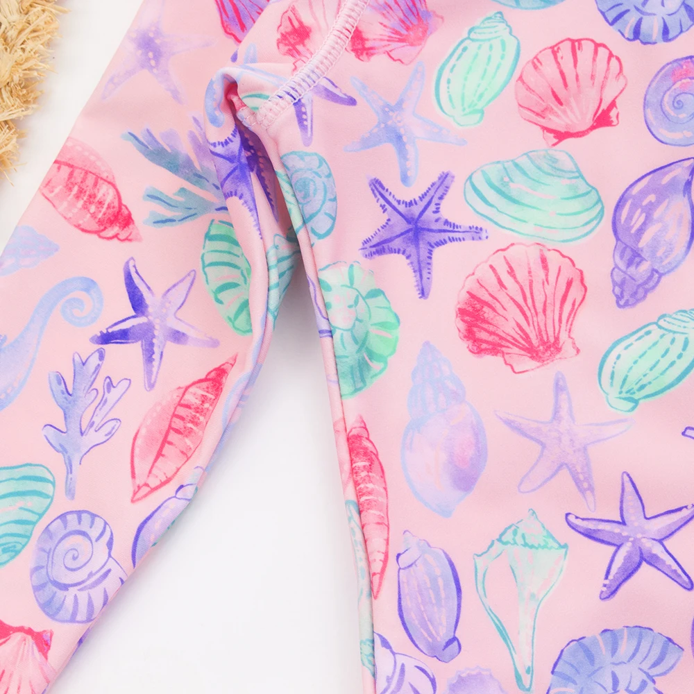 1-5 Year 1-piece Quick-Drying Shell Print Sunscreen Girls Swimsuit Zipper High Stretchy Long Sleeved Round Neck Kids Swimwear ﻿