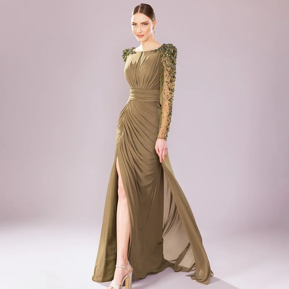 Customized Party Dress Crystal Long Sleeves Column Formal Evening Gowns Green Chiffon Side Split Mother Of The Bride Dresses