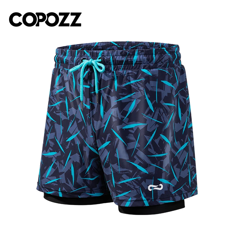 COPOZZ 2 in 1 Quick Dry Swim Trunks Beach Men Shorts Drawstring Surfing Swimming Running Vacation Sports Breathable Loose Shorts