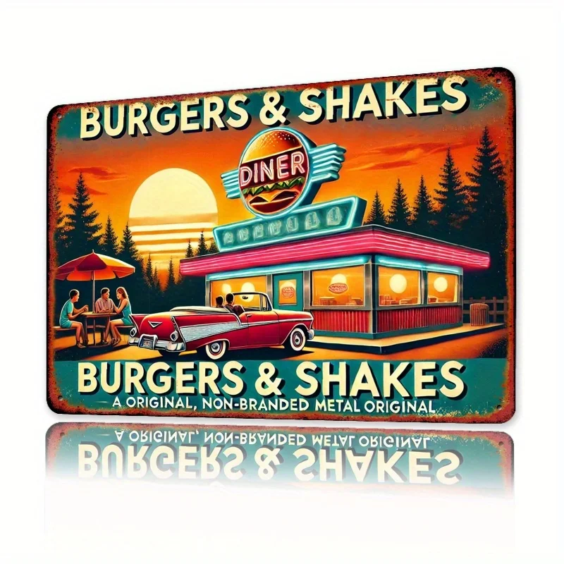 [Classic Americana] Room Decor  Vintage Diner Metal Tin Sign, , Retro Burgers & Shakes Wall Art, Iron Plate for American Restaur