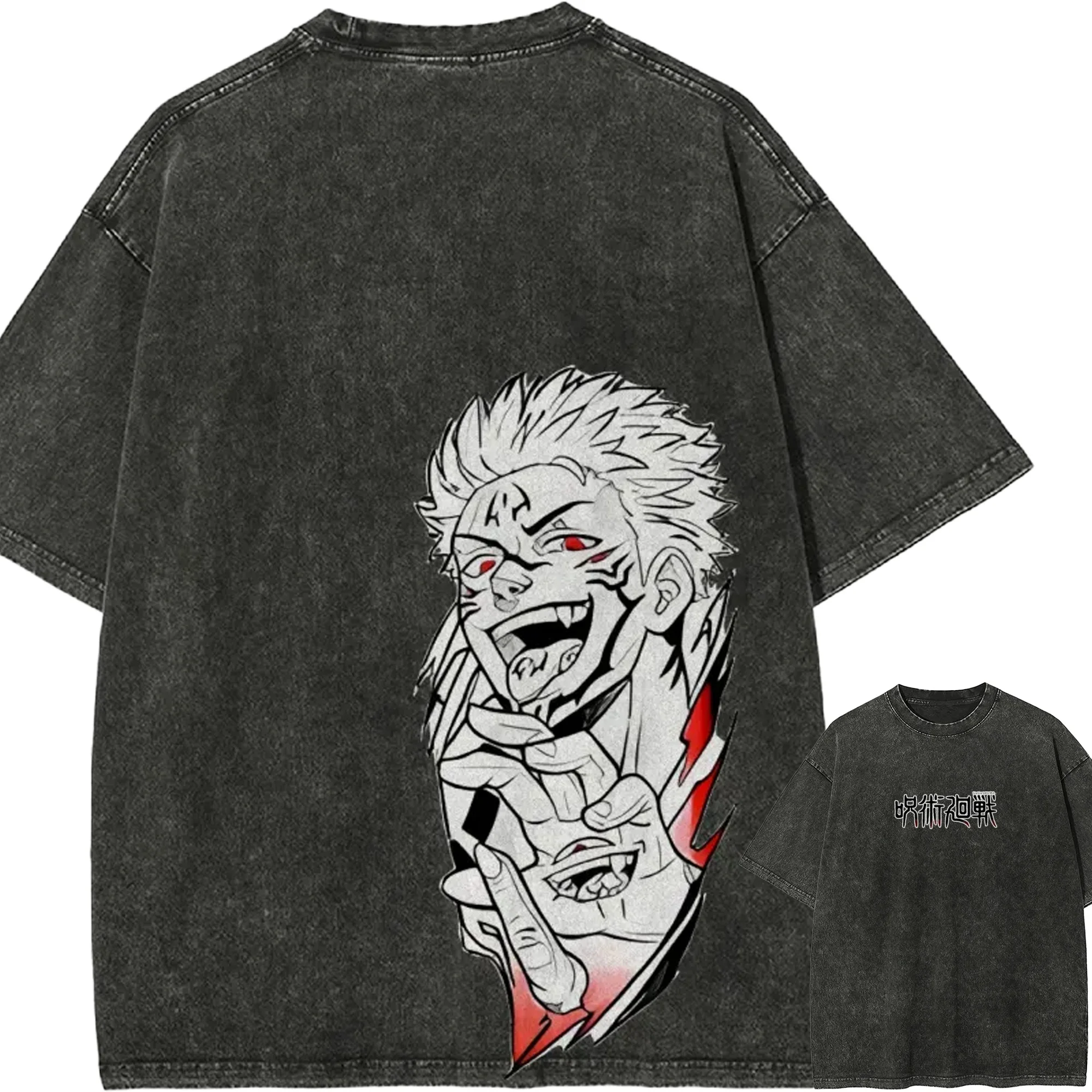 

Футболка Ryomen Sukuna Evil Smile Jujutsu Kaisen, винтажная, с эффектом потертости, оверсайз, в стиле ретро, аниме, Harajuku, уличная одежда, с графическим принтом манги