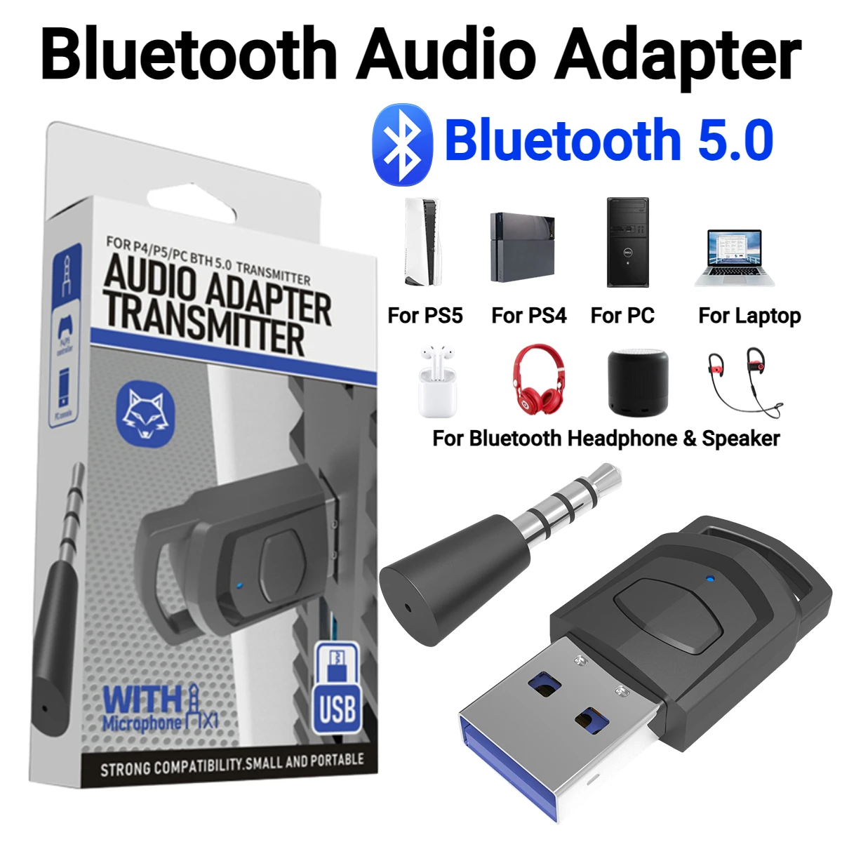 Bluetooth Audio Adapter Draadloze Hoofdtelefoon Adapter Ontvanger voor PS5/PS4 Game Console PC Headset 2 in 1 USB Bluetooth 5.0 Dongle