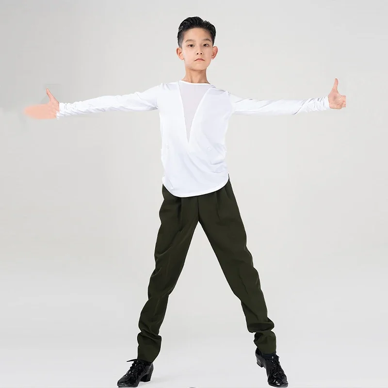 Nieuwe Latin Dansvoorstelling Kostuums Jongens V-hals Mesh Tops Zwarte Broek Pak Kid's Rumba Tango Danstraining Kleding